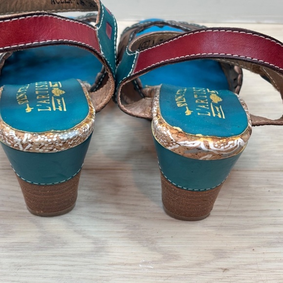 L'Artiste Acela Leather Open Toe Sandal 38 Cut Out Heels Boho Artsy Festival 90s - Picture 6 of 11